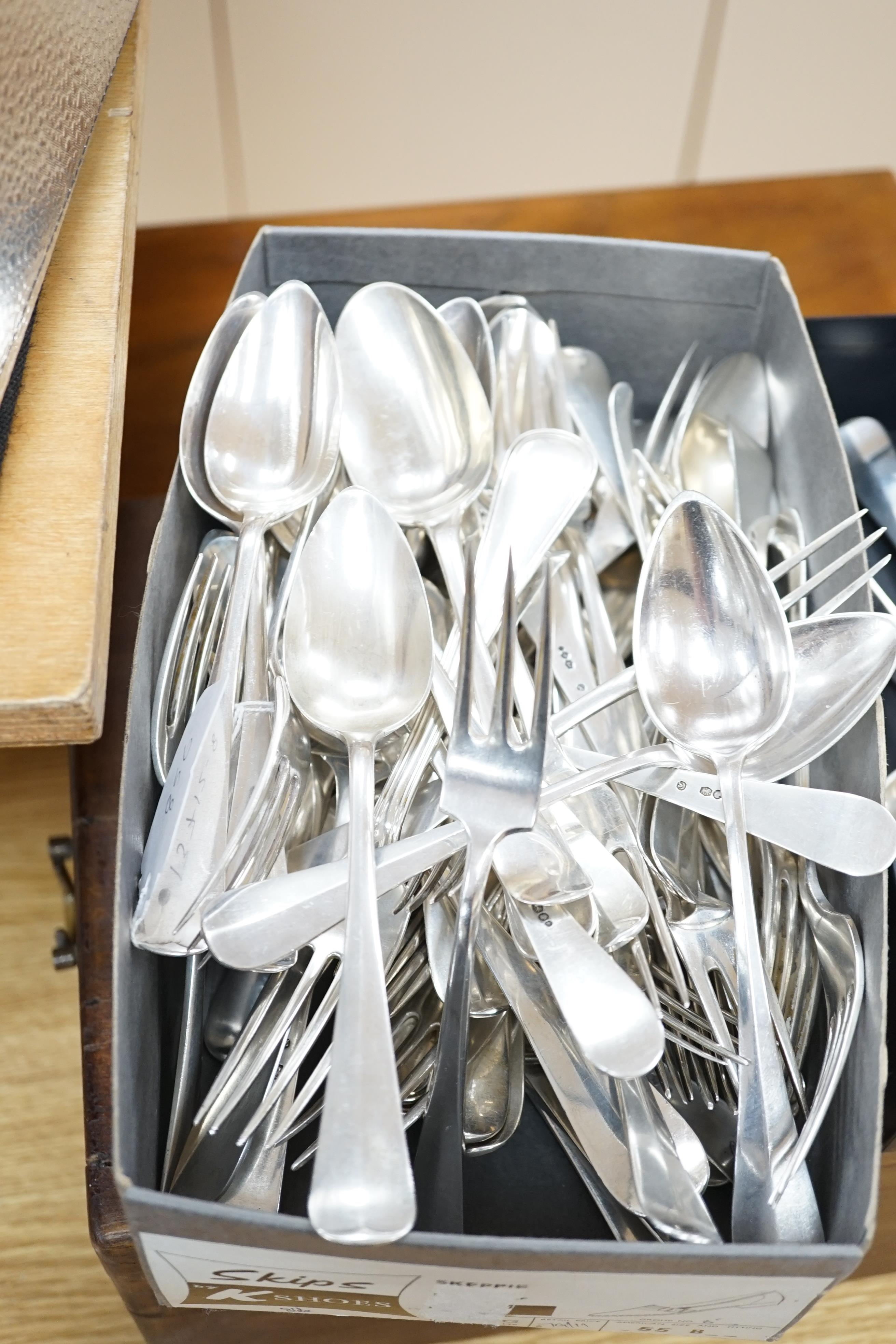 A large quantity of assorted Dutch 833 standard white metal flatware, comprising sixty eight items, 115.4oz, together with seven items of silver plated flatware.